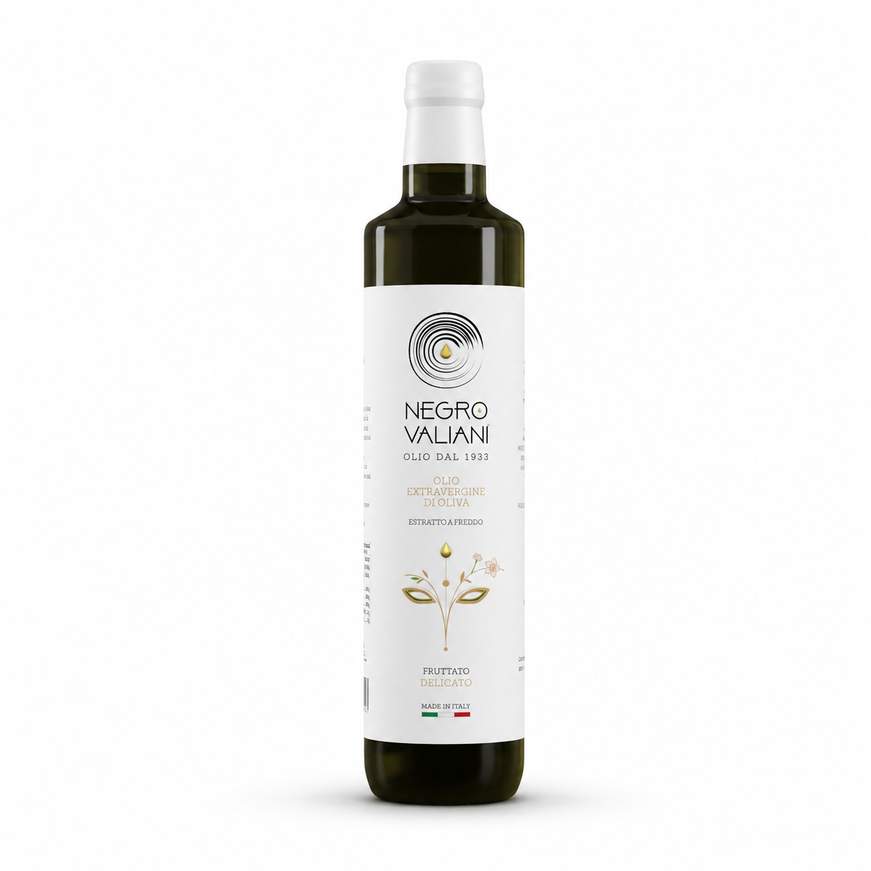 Dorica 50 Delicato_sfondo_bianco Olio EVO 100% Italiano Fruttato Delicato Negro Valiani - 0,50 L - Bottiglia - immagine 1