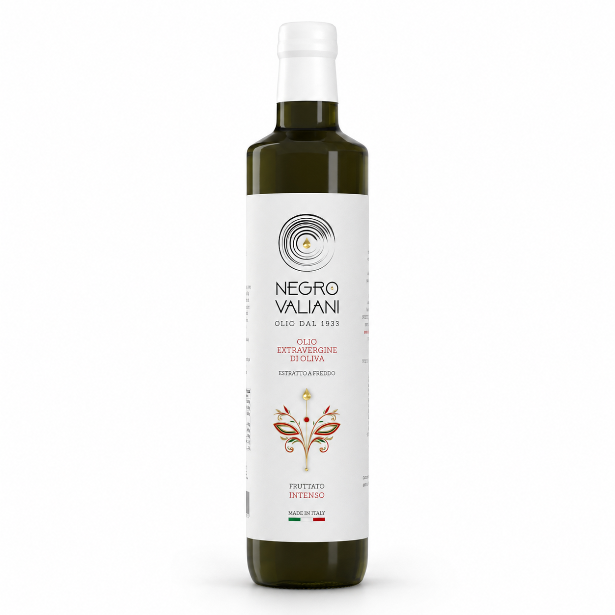 Dorica 50 Intenso_sfondo_bianco Olio EVO 100% Italiano Fruttato Intenso Negro Valiani - 0,50 L - Bottiglia - immagine 1