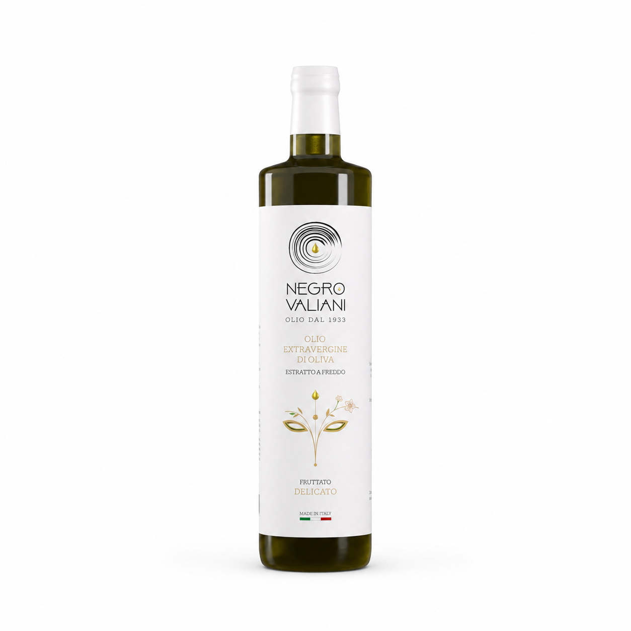 Dorica 75 Delicato_sfondo_bianco Olio EVO 100% Italiano Fruttato Delicato Negro Valiani - 0,75 L - Bottiglia - immagine 1